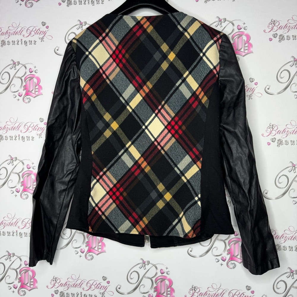 Cartise jacket coat zip up plaid black faux leather sleeves zipper gold hardware - Picture 2 of 9